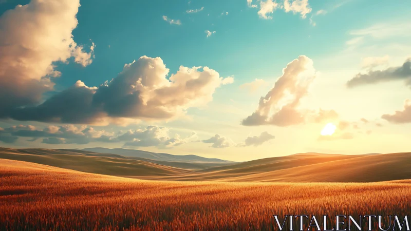 Sunlit wheat plains under sculpted clouds at golden hour.