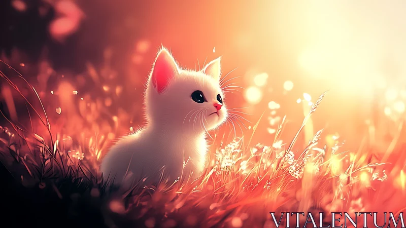 White Kitten in Golden Sunset Field.