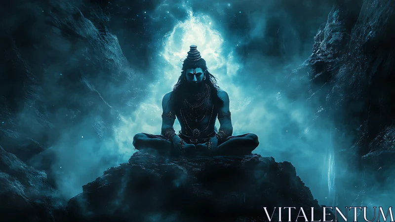 Moonlit ascetic in cosmic trance above roaring void.