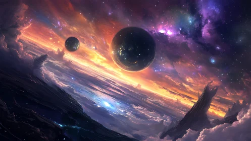 Twin planets hover above luminous alien cloudscape