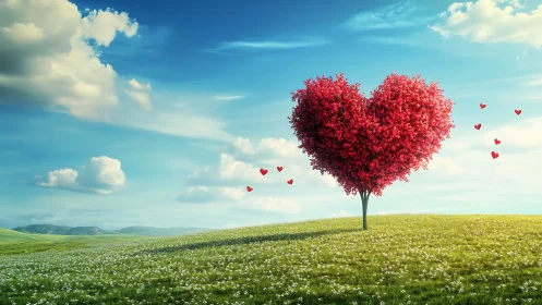 Heart-Shaped Tree in Blooming Meadow Against Azure Sky.