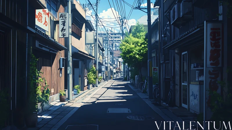 Sunlit alleyway siesta in a quiet anime-style backstreet.