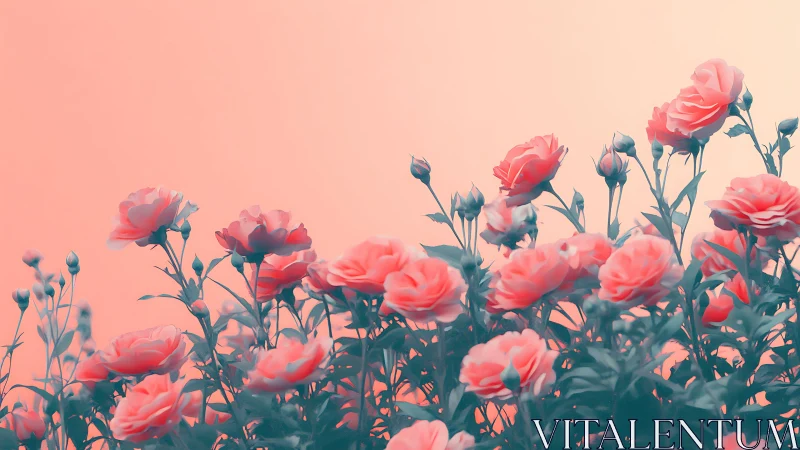 Soft-focus carnation blooms bathed in peachy sunset glow.