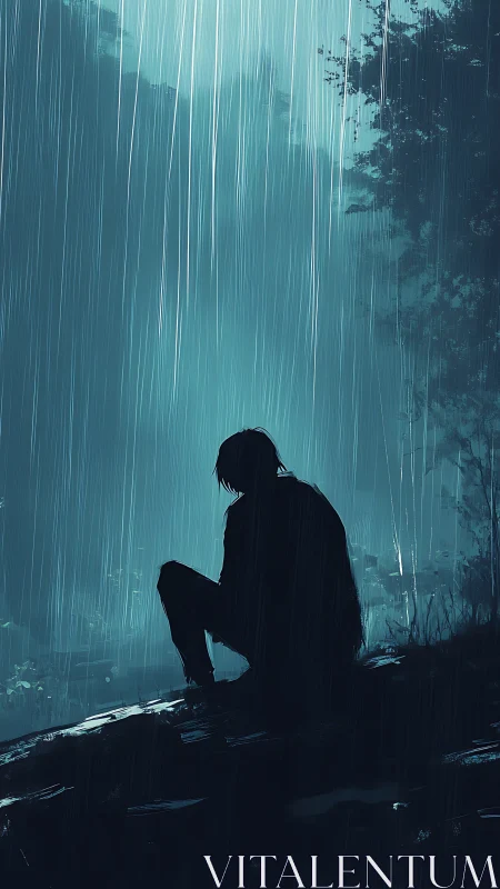 Silhouetted lone figure crouched on rainy forest hillside.