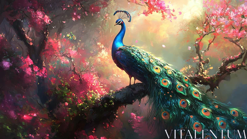 Peacock stands on tree branch within dense flowering forest