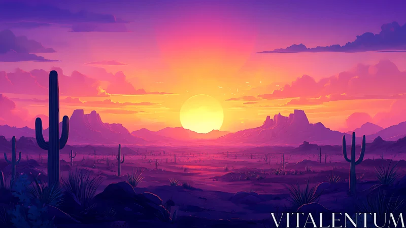 Vibrant stylized desert sunset with silhouetted cacti forms