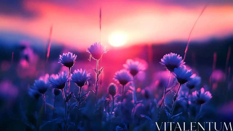 Wildflowers bloom in a vibrant sunset landscape