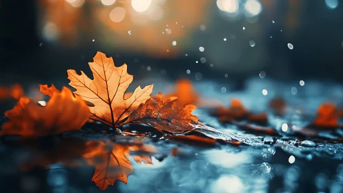 Macro study of wet autumn oak leaf in shallow depth-of-field bokeh
