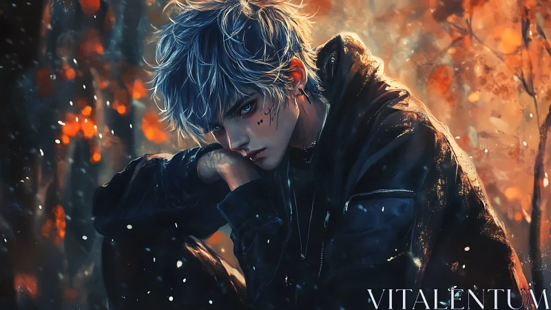 Moody silver-haired boy resting in a glowing autumn haze.