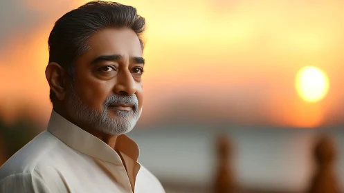 Gentle elder gazing at a quiet seaside sunset glow.