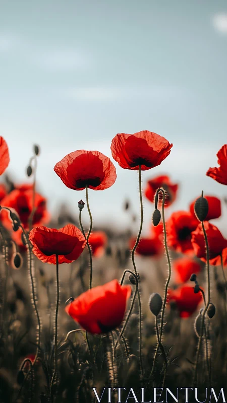 Red poppies with unopened buds against overcast sky.