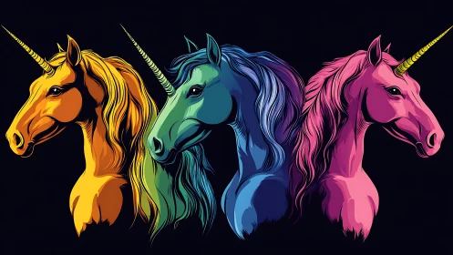 Vibrant neon unicorn trio glows boldly against midnight black