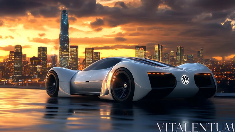 Sleek futuristic VW concept car glowing over sunset city.