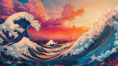 Neon storm waves collide under blazing pastel sunset sky.