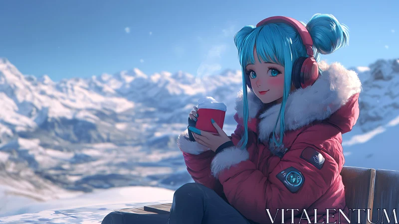 Anime winter portrait in alpine panorama composition.