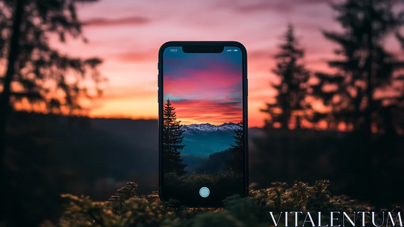 Smartphone framing alpine sunset landscape with forest silhouettes