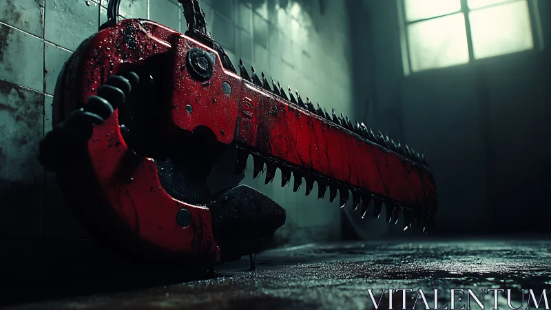 Cinematic close-up of bloodstained industrial chainsaw blade.