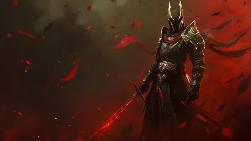 Dark flame knight standing in swirling crimson storm.