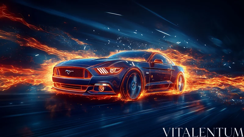 Blue sports car racing through fire and glowing sparks.