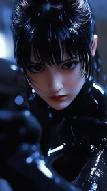 Digital portrait depicts close-up of dark-haired figure in latex