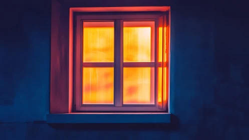 Illuminated window with color gradient against dark facade.