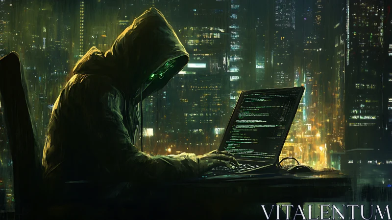 Hooded hacker types on laptop against dense neon cityscape