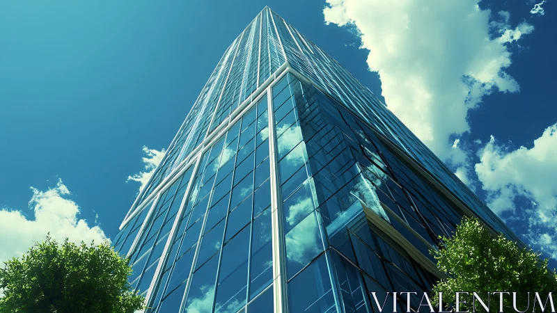 Glass skyscraper reflects bright clouds in a clear summer sky