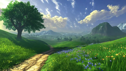 Sunlit 3D valley landscape with winding path and alpine range