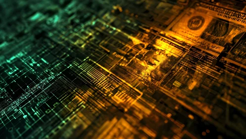 Glowing data circuits melt into shimmering digital banknotes