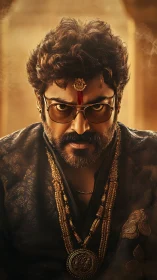 Regal cinematic portrait with warm chiaroscuro lighting focus.