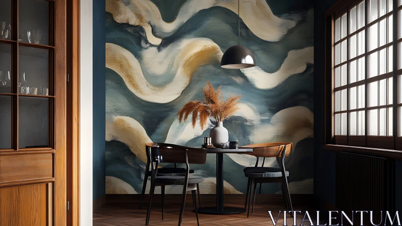 Photorealistic dining nook with abstract wave mural focal wall.