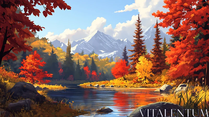 Autumn mountain lake with bright foliage and distant peaks.