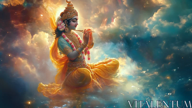 Celestial flute player in luminous nebular cloudscape meditation.