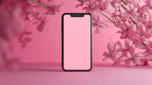 Monochrome pink smartphone render amid synthetic blossoms.