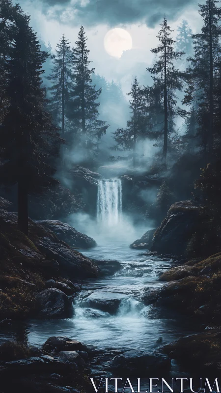 Moonlit Waterfall Forest Escapes Into Misty Tranquility