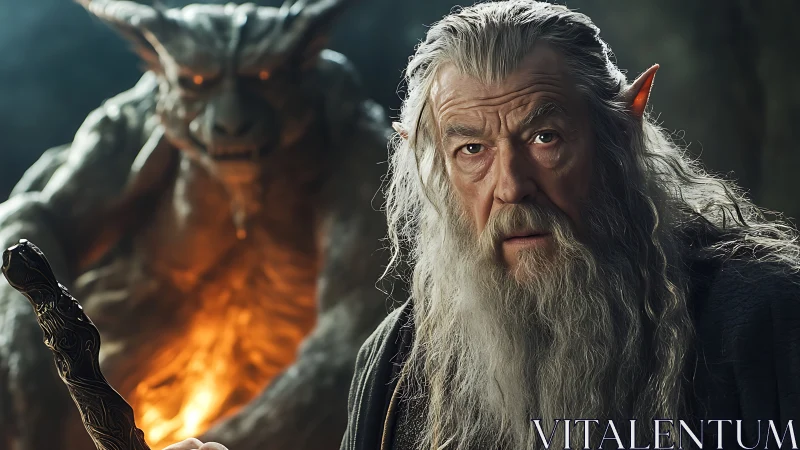 Old wizard faces looming demon in fiery cavern scene.