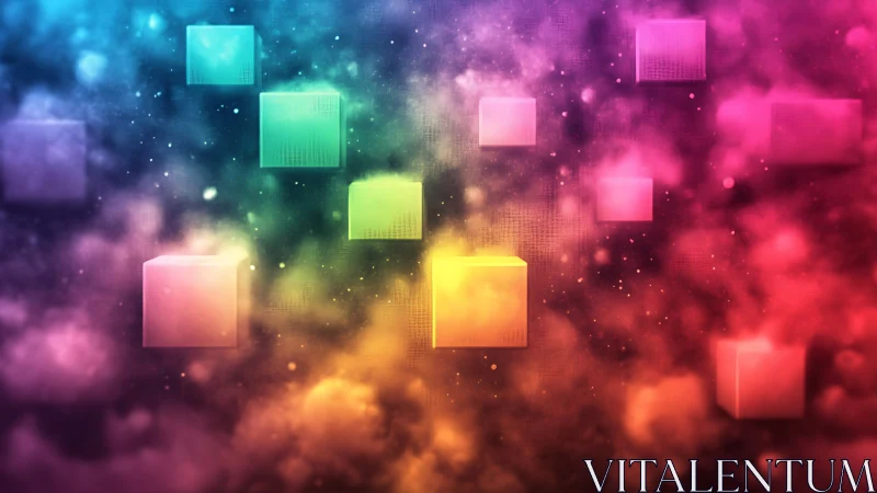 Floating neon cubes within prismatic cosmic mistscape.