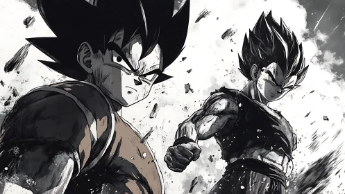 Saiyan warriors stand battle ready in monochrome storm.