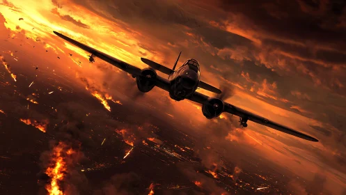 Warbird Pierces Inferno: Silhouette Against Apocalyptic Blaze