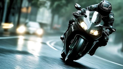 Dynamic sportbike lean on wet city curve, motion-blur composition.