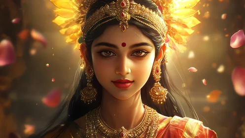 Digital painting of regal goddess portrait with golden crown.