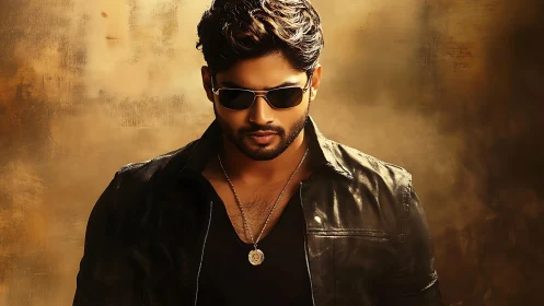 Stylish man in leather jacket under cinematic warm light.