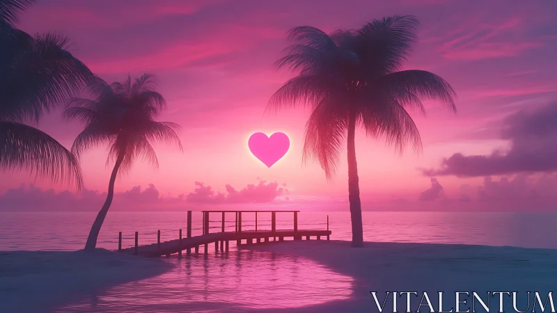 Tropical Paradise Sunset: Neon Heart Over Palm-Lined Jetty.