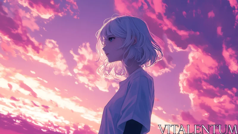 Soft evening sky cradles a quiet girl in gentle color