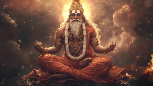 Radiant sage in lotus pose under celestial golden halo.