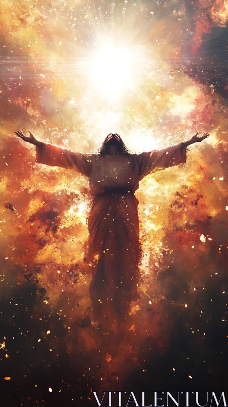 Radiant ascension figure within stellar plasma eruption field.