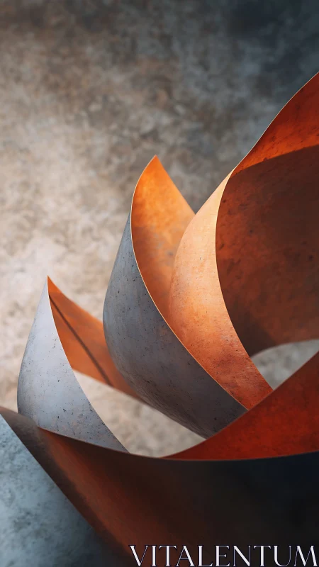 Curved oxidized metal ribbons form an abstract sculptural helix