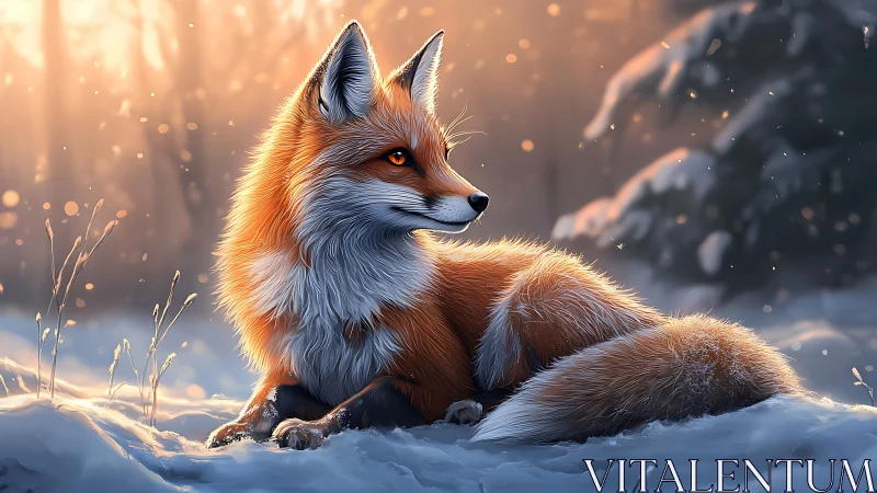 Quiet winter fox rests softly in glowing golden light