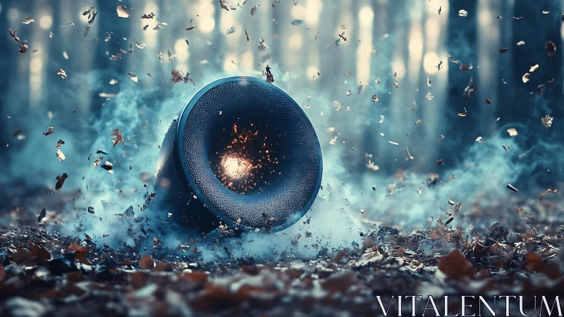 Acoustic shockwave speaker in misty forest particulate vortex.