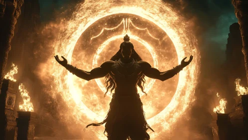 Silhouetted deity before concentric fiery vortex gateway.
